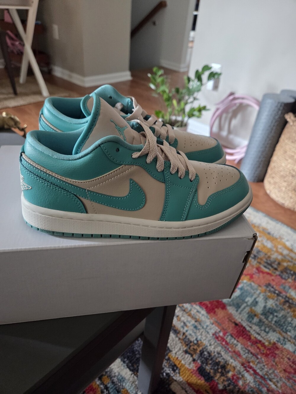 Nike Women's Jordan One Low-Top Sneakers in Teal and Cream